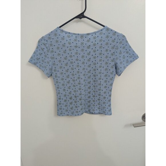 Blue Floral Print Short Sleeve Button-Front Top Lulus XS - Picture 4 of 6